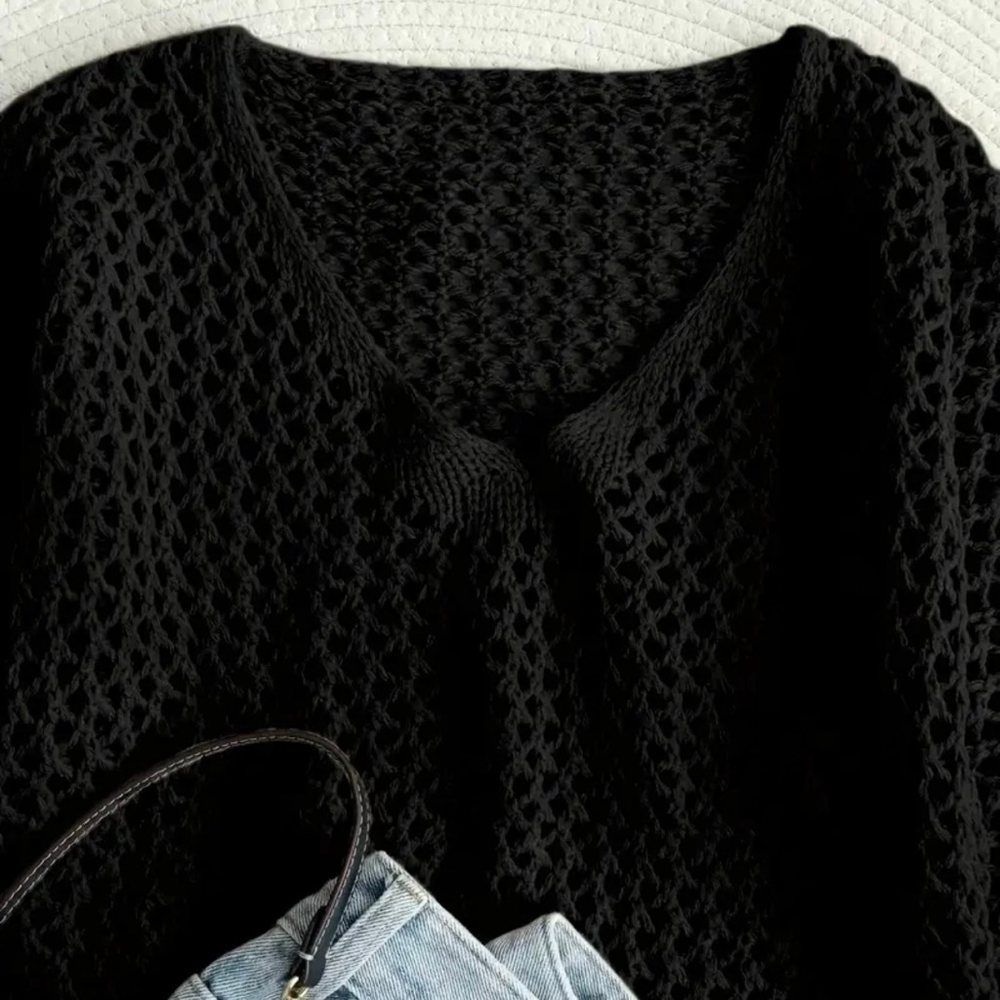 Open Stitch Black Acrylic Knit V Neck Sweater - Picture 2 of 8